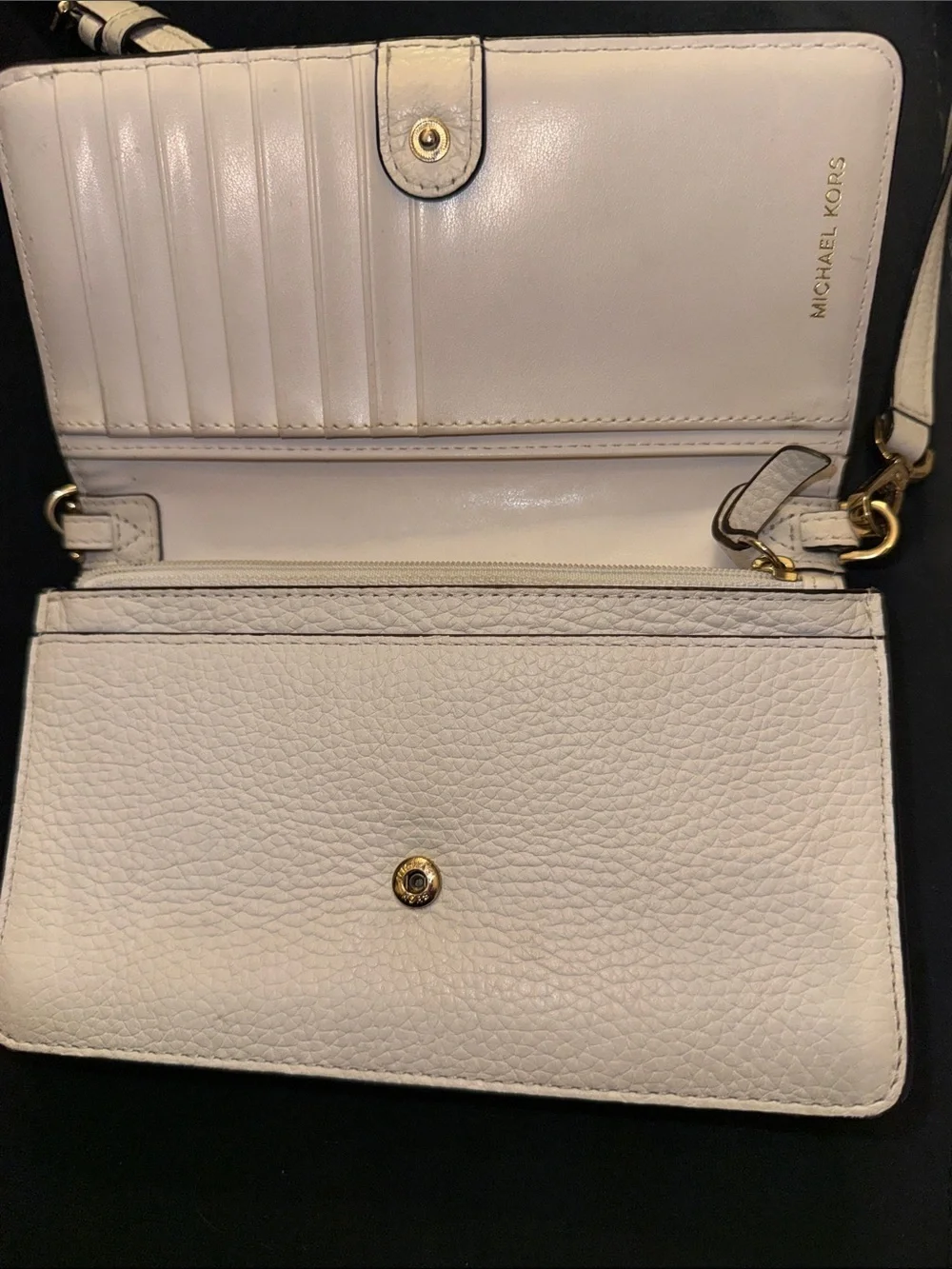 Michael Kors White Pebbled Leather Crossbody lots of pockets feminine neutral